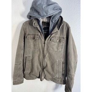 Guess Men's Gray Hooded Canvas Utility Jacket Full Zip Sherpa Lined Coat